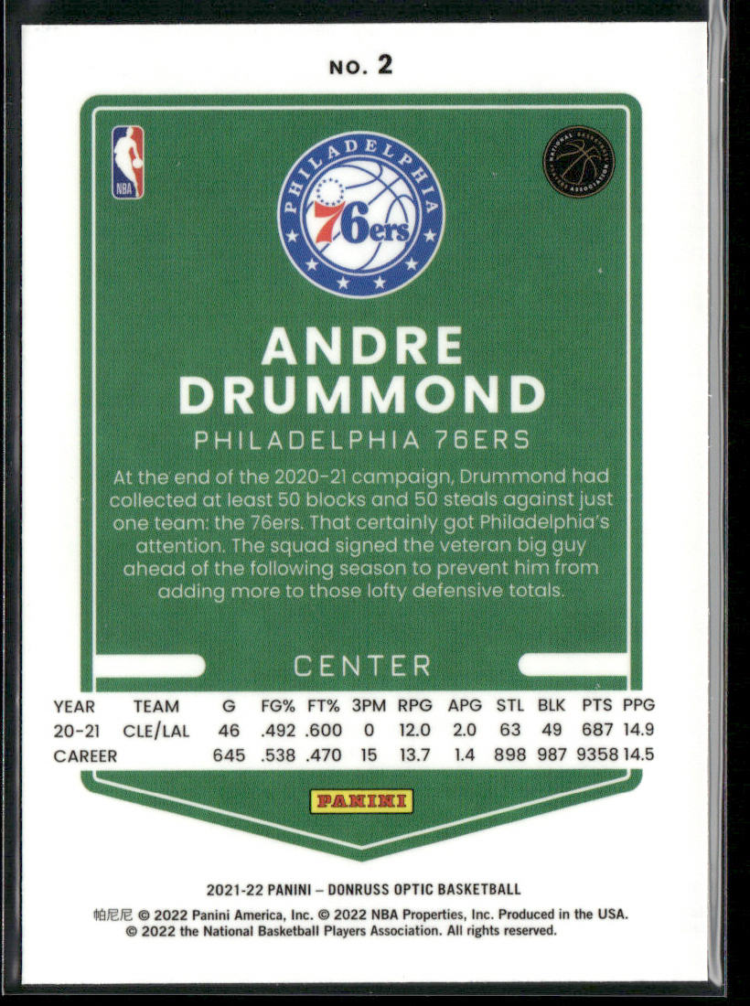 Andre Drummond 2021-22 Donruss Optic #2 Philadelphia 76ers