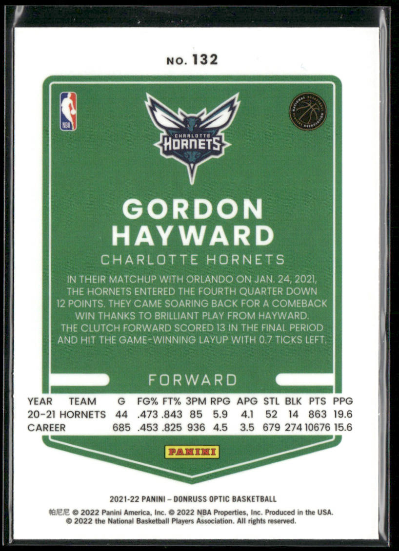 Gordon Hayward 2021-22 Donruss Optic #132 Charlotte Hornets
