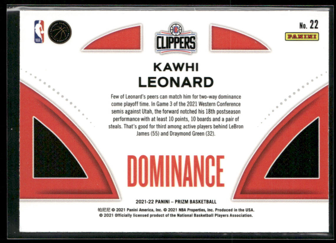 Kawhi Leonard 2021-22 Panini Prizm Dominance #22 Los Angeles Clippers