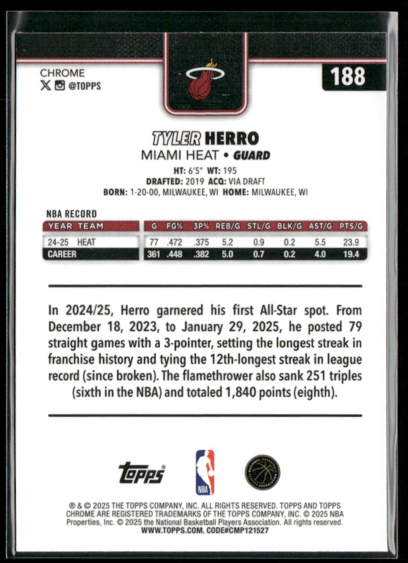 Tyler Herro 2025-26 Topps Chrome Red White and Blue Refractor #188 Miami Heat