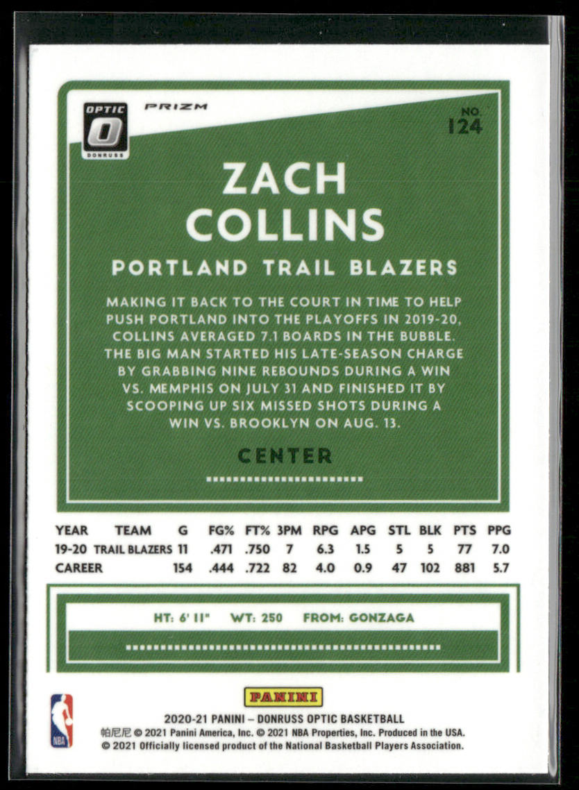 Zach Collins 2020-21 Donruss Optic Blue Velocity #124 Portland Trail Blazers