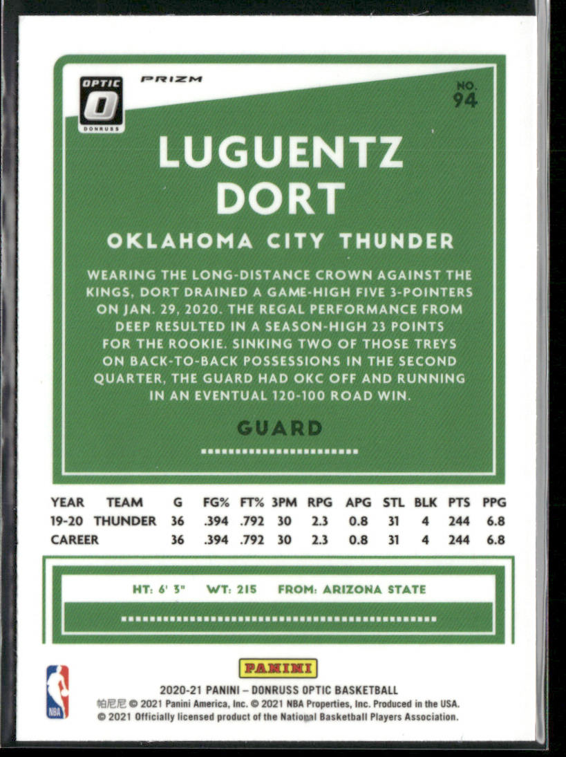 Luguentz Dort 2020-21 Donruss Optic Blue Velocity #94 Oklahoma City Thunder
