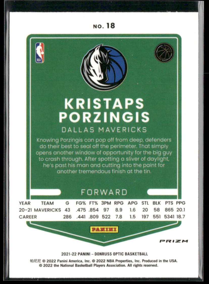 Kristaps Porzingis 2021-22 Donruss Optic Blue Velocity #18 Dallas Mavericks