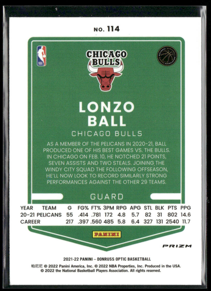 Lonzo Ball 2021-22 Donruss Optic Blue Velocity #114 Chicago Bulls