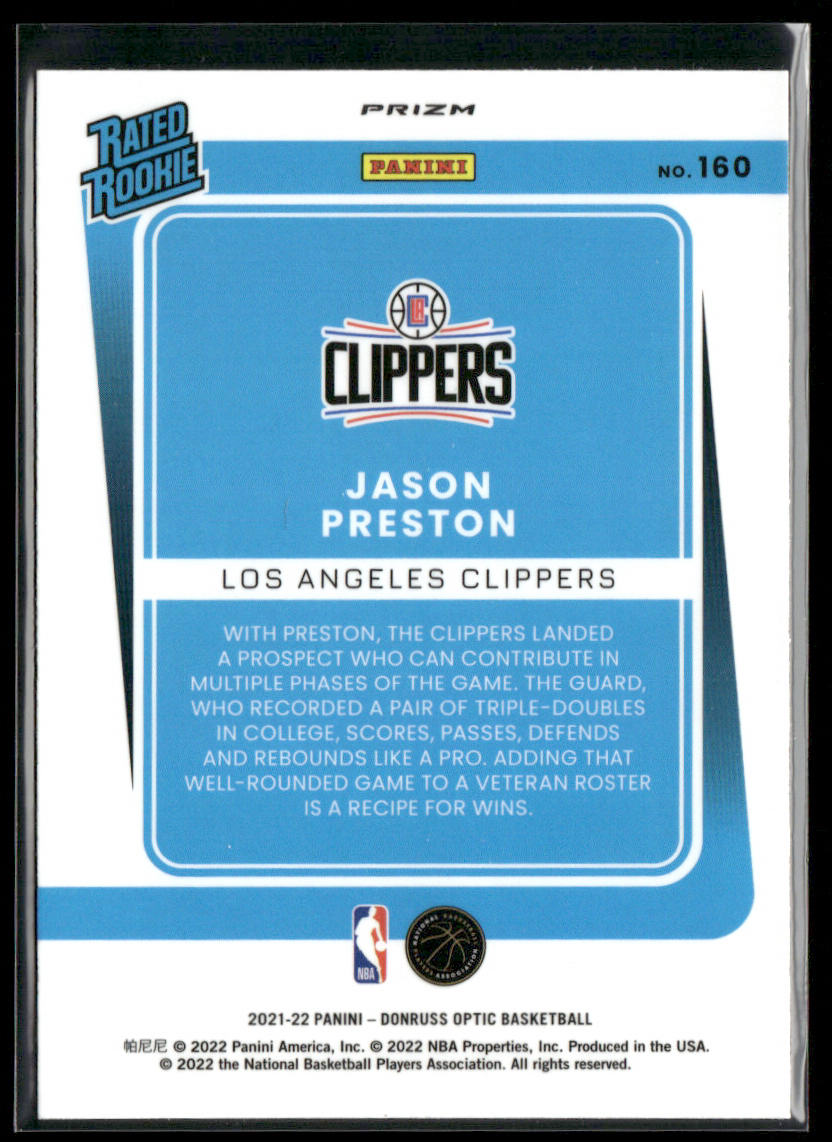 Jason Preston 2021-22 Donruss Optic Blue Velocity #160 RC Los Angeles Clippers