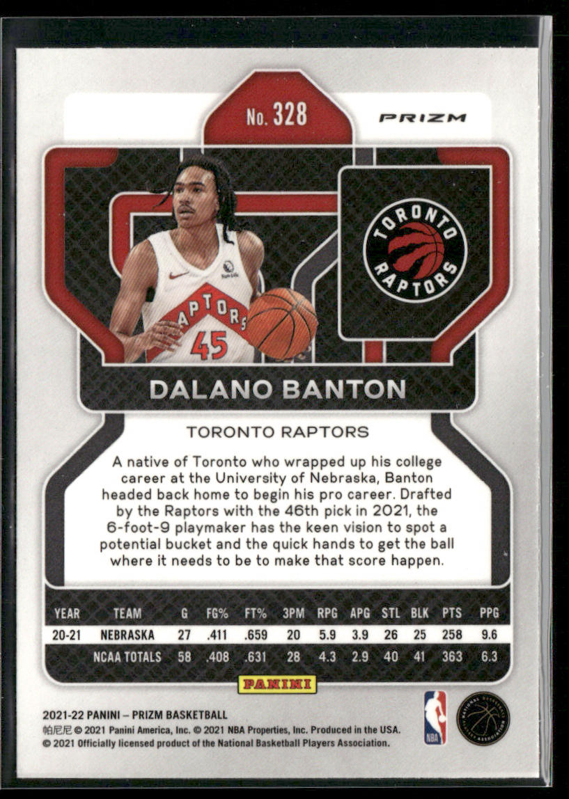 Dalano Banton 2021-22 Panini Prizm Silver #328 RC Toronto Raptors