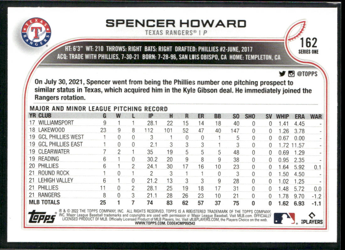 Spencer Howard 2022 Topps #162 Texas Rangers