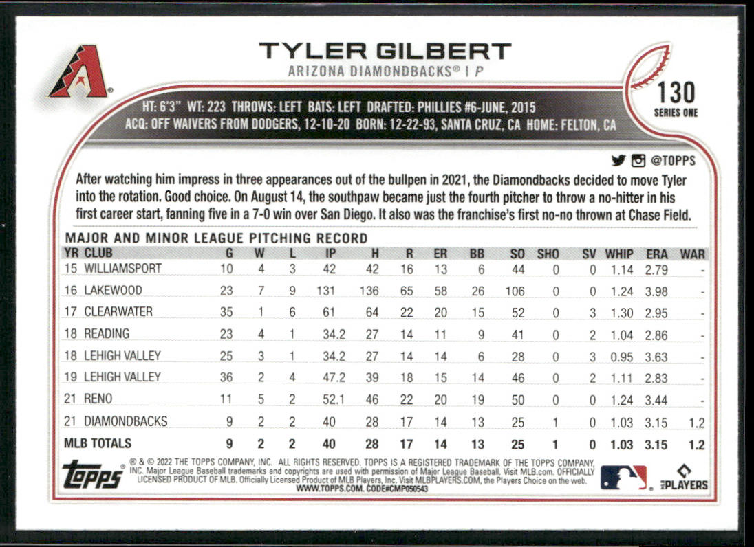 Tyler Gilbert 2022 Topps #130b RC Arizona Diamondbacks