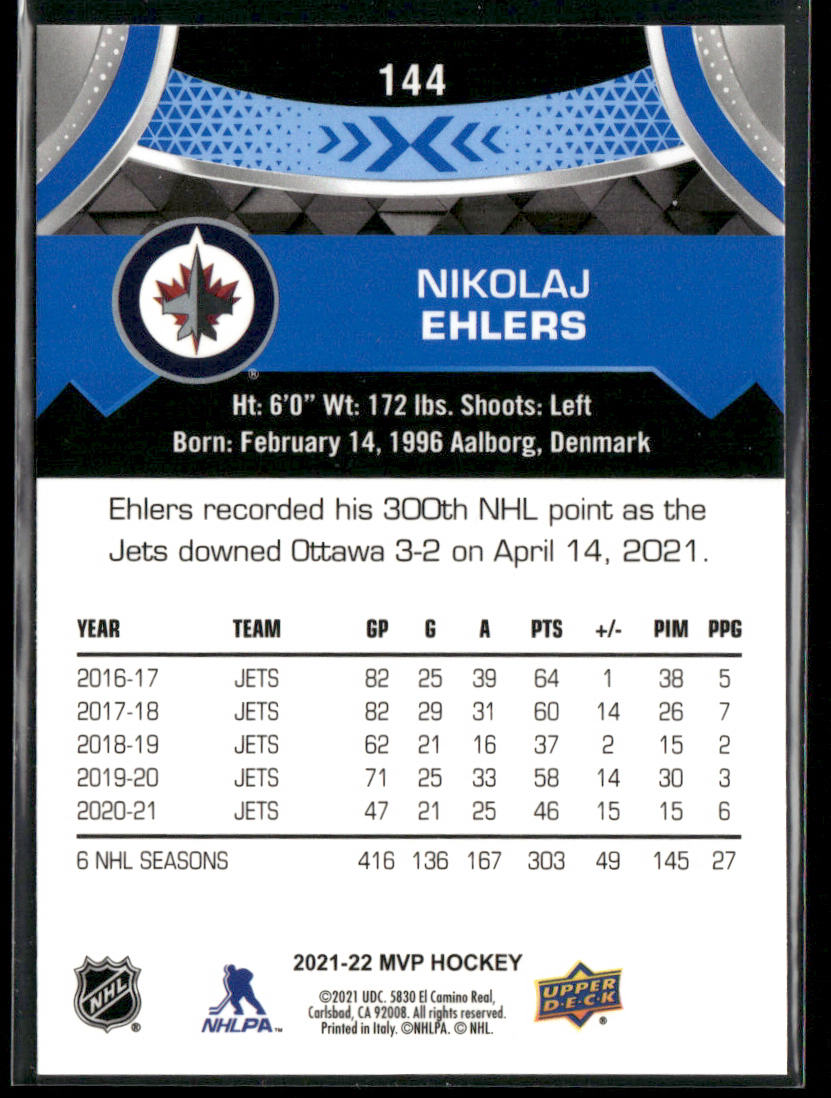 Nikolaj Ehlers 2021-22 Upper Deck MVP Blue #144 Winnipeg Jets