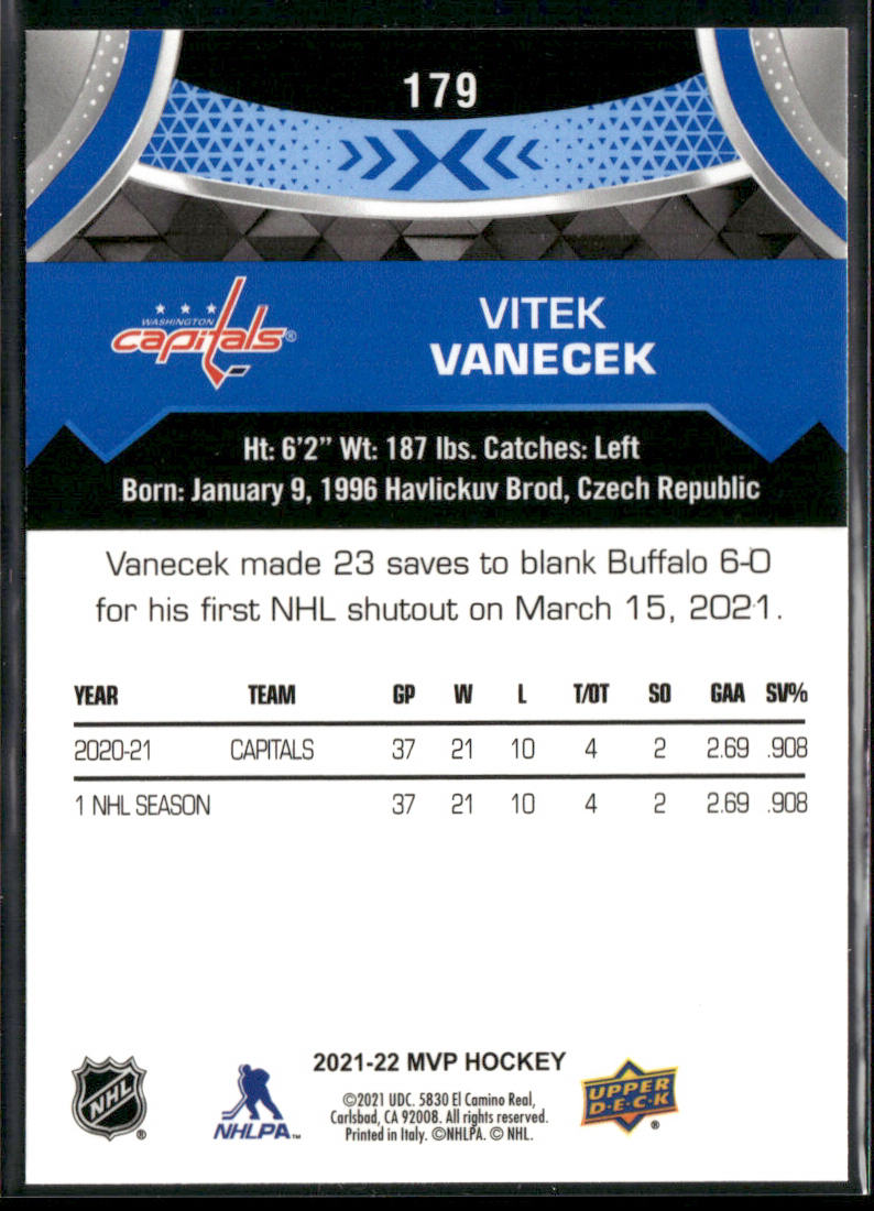 Vitek Vanecek 2021-22 Upper Deck MVP Blue #179 Washington Capitals