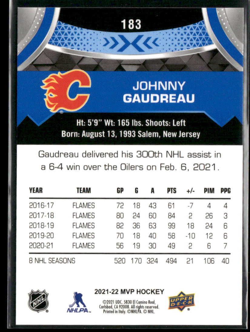 Johnny Gaudreau 2021-22 Upper Deck MVP Blue #183 Calgary Flames
