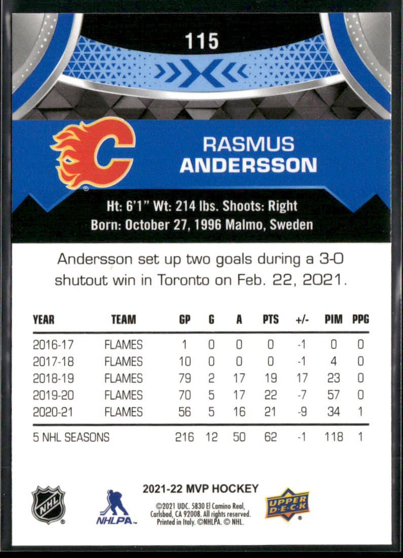 Rasmus Andersson 2021-22 Upper Deck MVP Blue #115 Calgary Flames