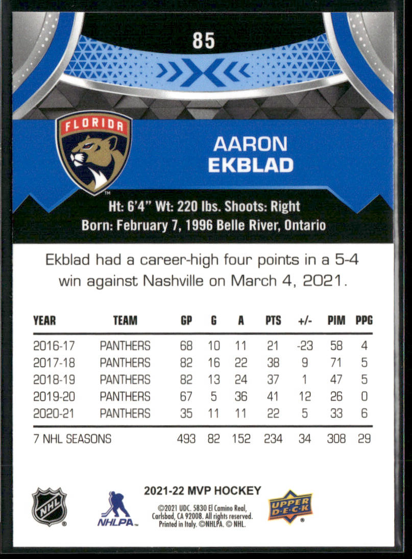 Aaron Ekblad 2021-22 Upper Deck MVP Blue #85 Florida Panthers back