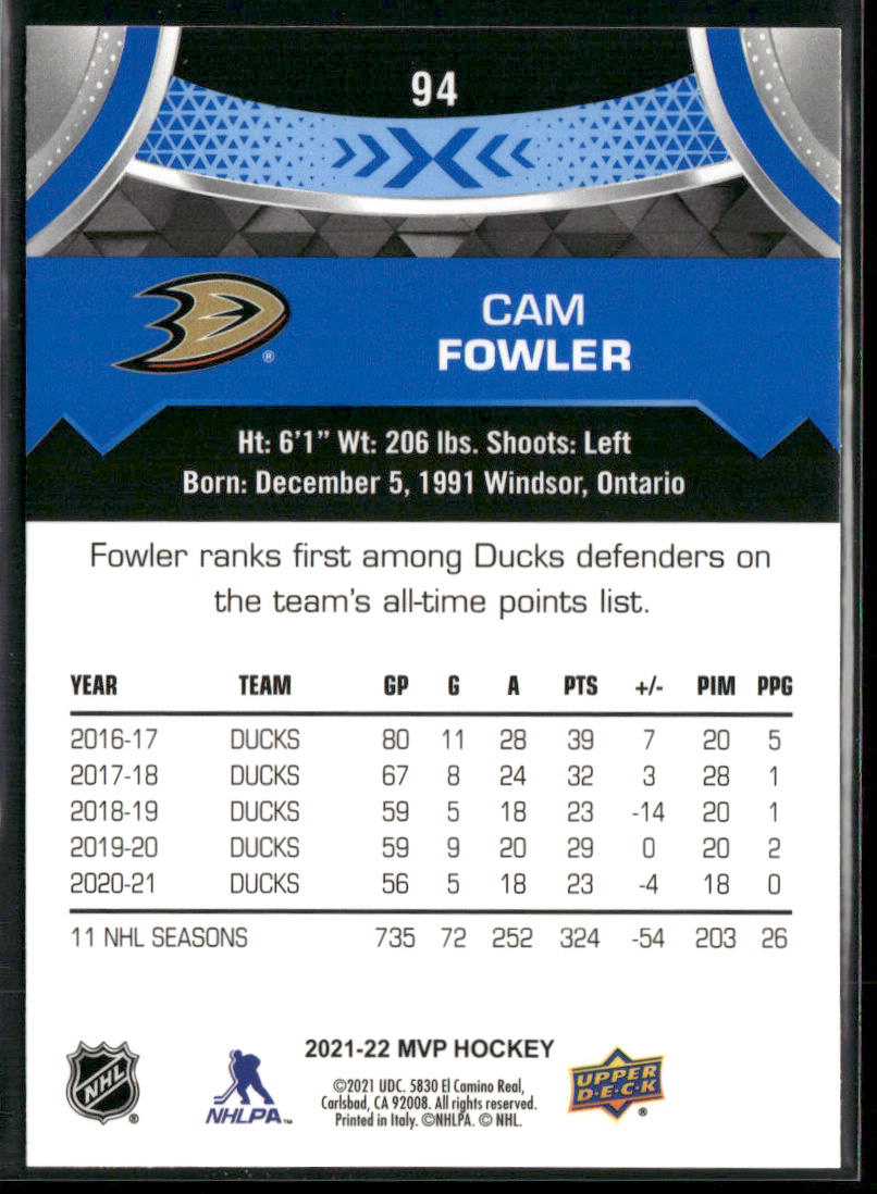 Cam Fowler 2021-22 Upper Deck MVP Blue #94 Anaheim Ducks back