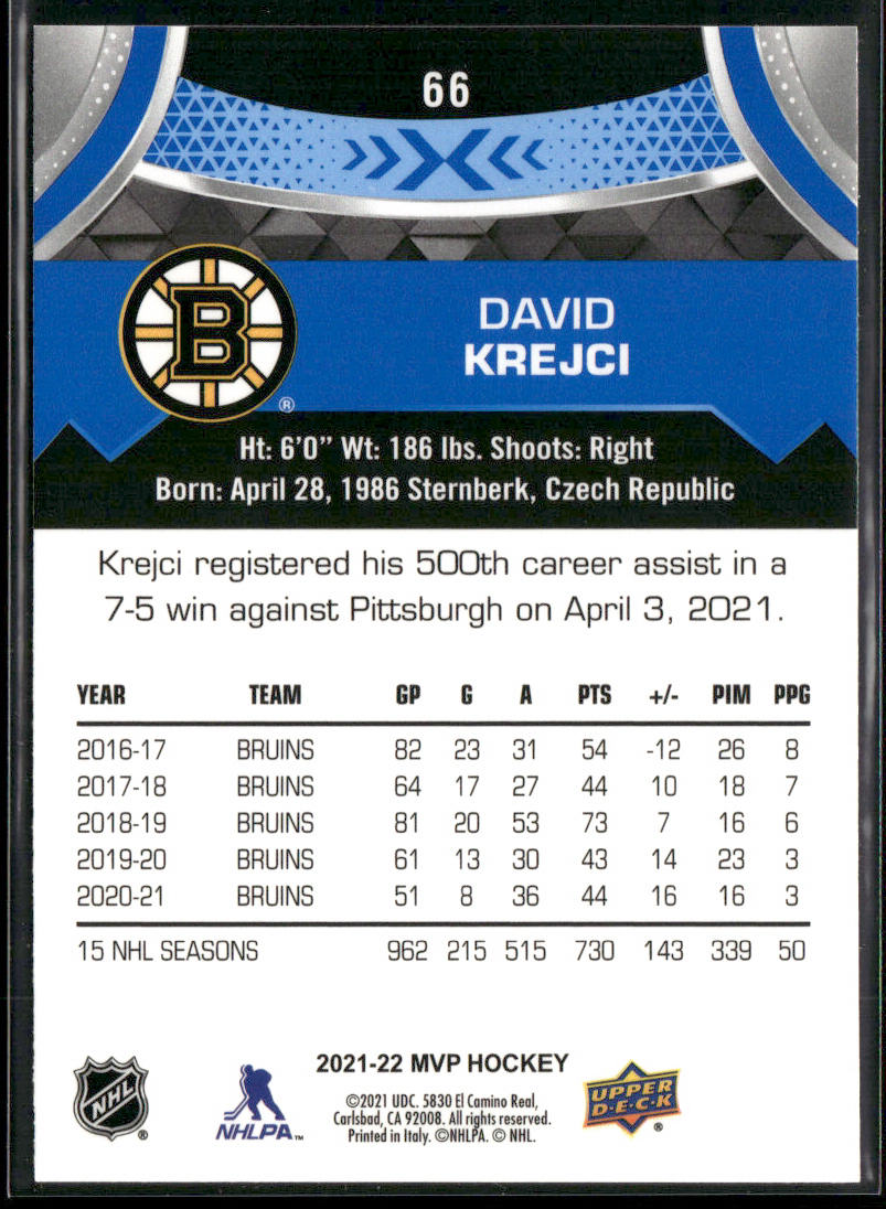 David Krejci 2021-22 Upper Deck MVP Blue #66 Boston Bruins back
