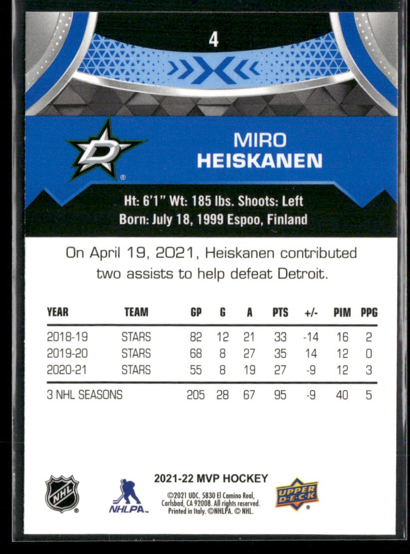 Miro Heiskanen 2021-22 Upper Deck MVP Blue #4 Dallas Stars back