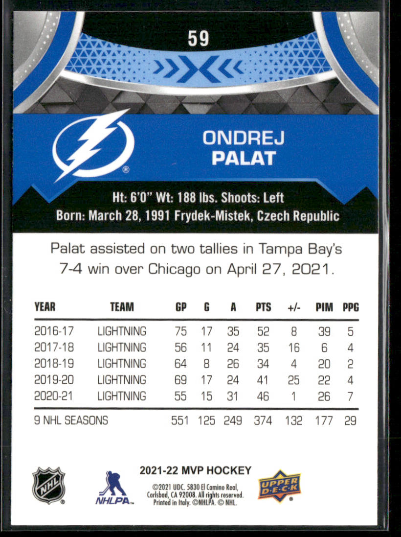 Ondrej Palat 2021-22 Upper Deck MVP Blue #59 Tampa Bay Lightning back