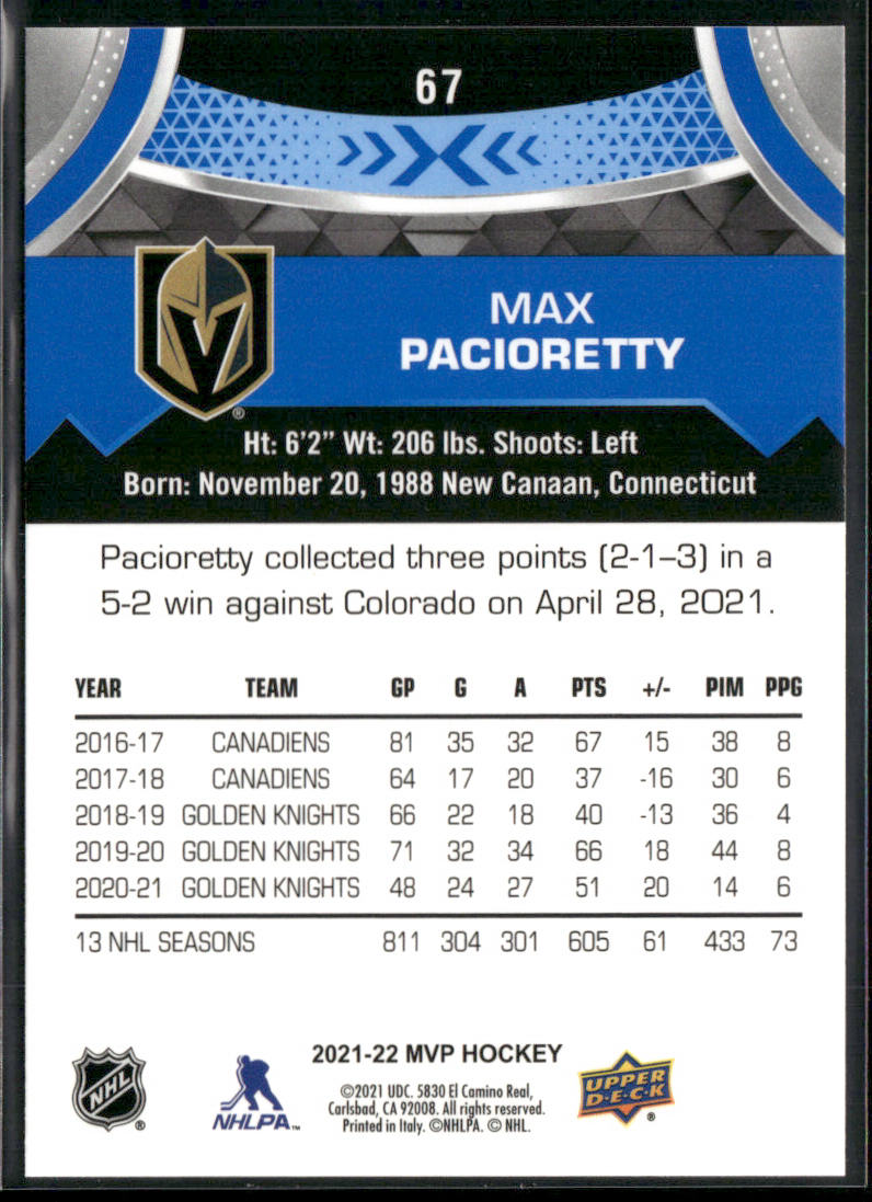 Max Pacioretty 2021-22 Upper Deck MVP Blue #67 Vegas Golden Knights back