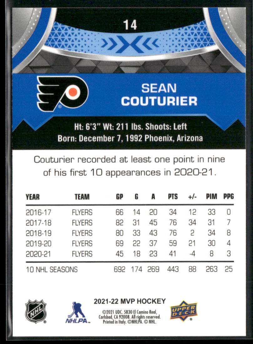 Sean Couturier 2021-22 Upper Deck MVP Blue #14 Philadelphia Flyers back
