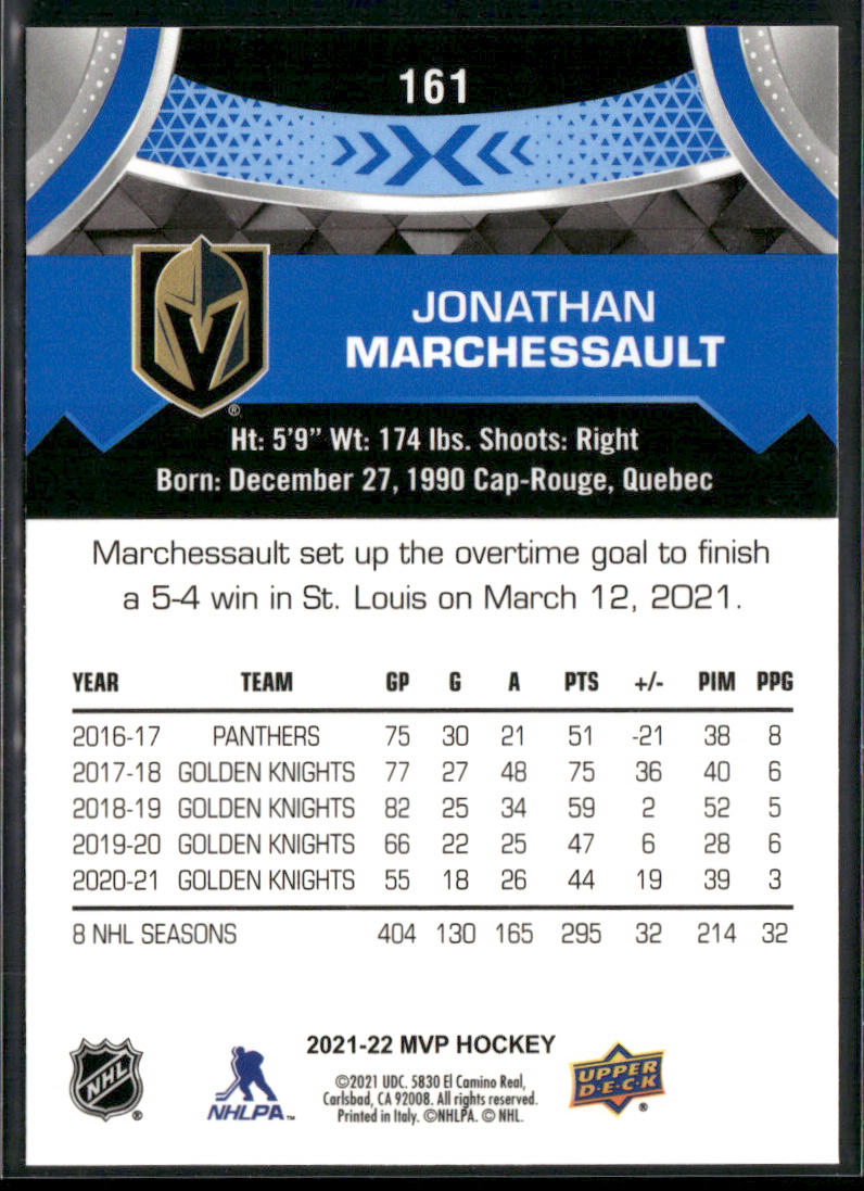 Jonathan Marchessault 2021-22 Upper Deck MVP Blue #161 Vegas Golden Knights