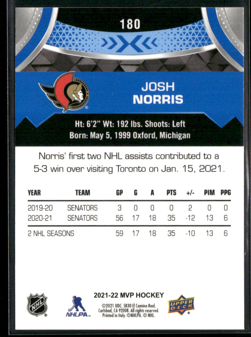 Josh Norris 2021-22 Upper Deck MVP Blue #180 Ottawa Senators