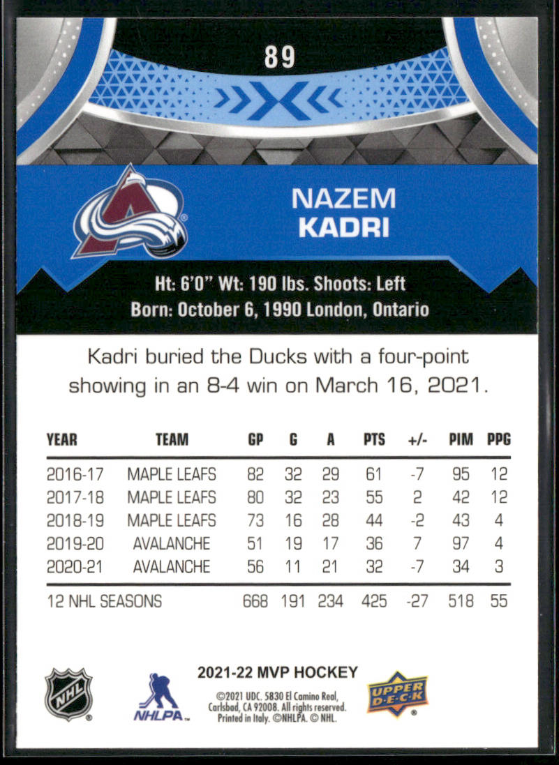 Nazem Kadri 2021-22 Upper Deck MVP Blue #89 Colorado Avalanche
