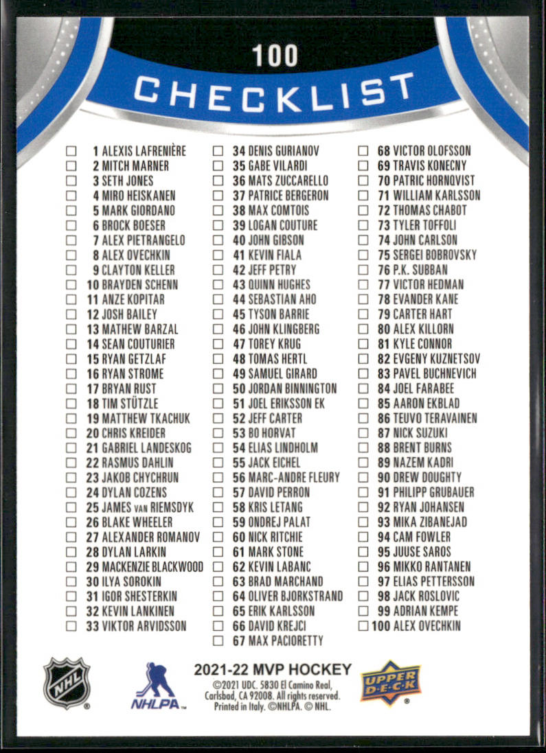 Alex Ovechkin 2021-22 Upper Deck MVP Blue #100 Washington Capitals