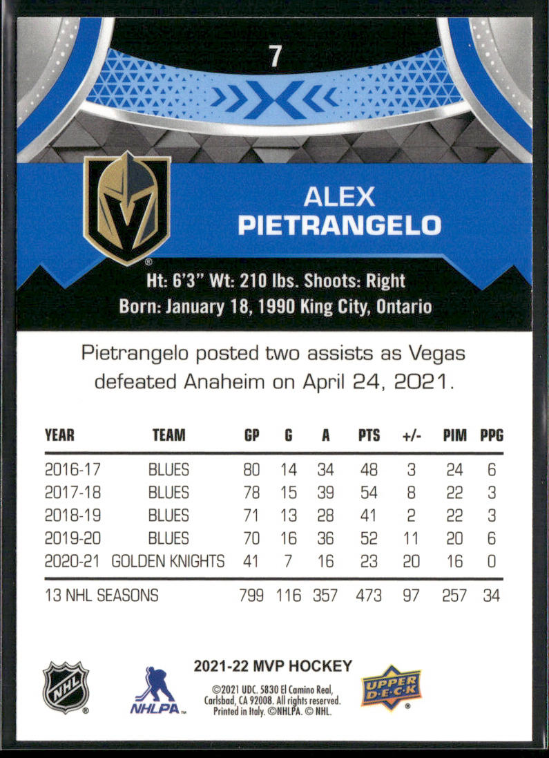 Alex Pietrangelo 2021-22 Upper Deck MVP Blue #7 Vegas Golden Knights