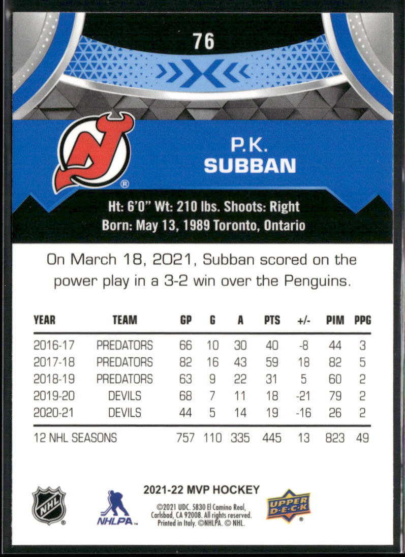 P.K. Subban 2021-22 Upper Deck MVP Blue #76 New Jersey Devils
