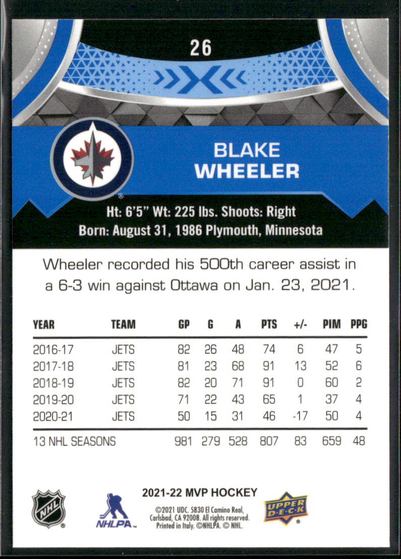Blake Wheeler 2021-22 Upper Deck MVP Blue #26 Winnipeg Jets