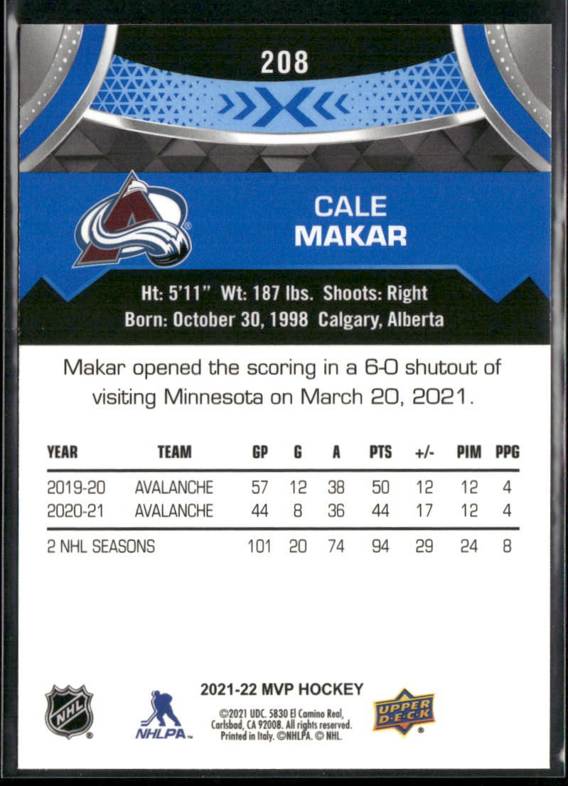 Cale Makar 2021-22 Upper Deck MVP Blue #208 Colorado Avalanche