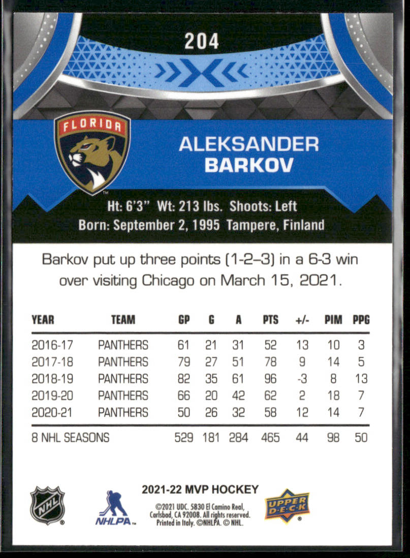 Aleksander Barkov 2021-22 Upper Deck MVP Blue #204 Florida Panthers