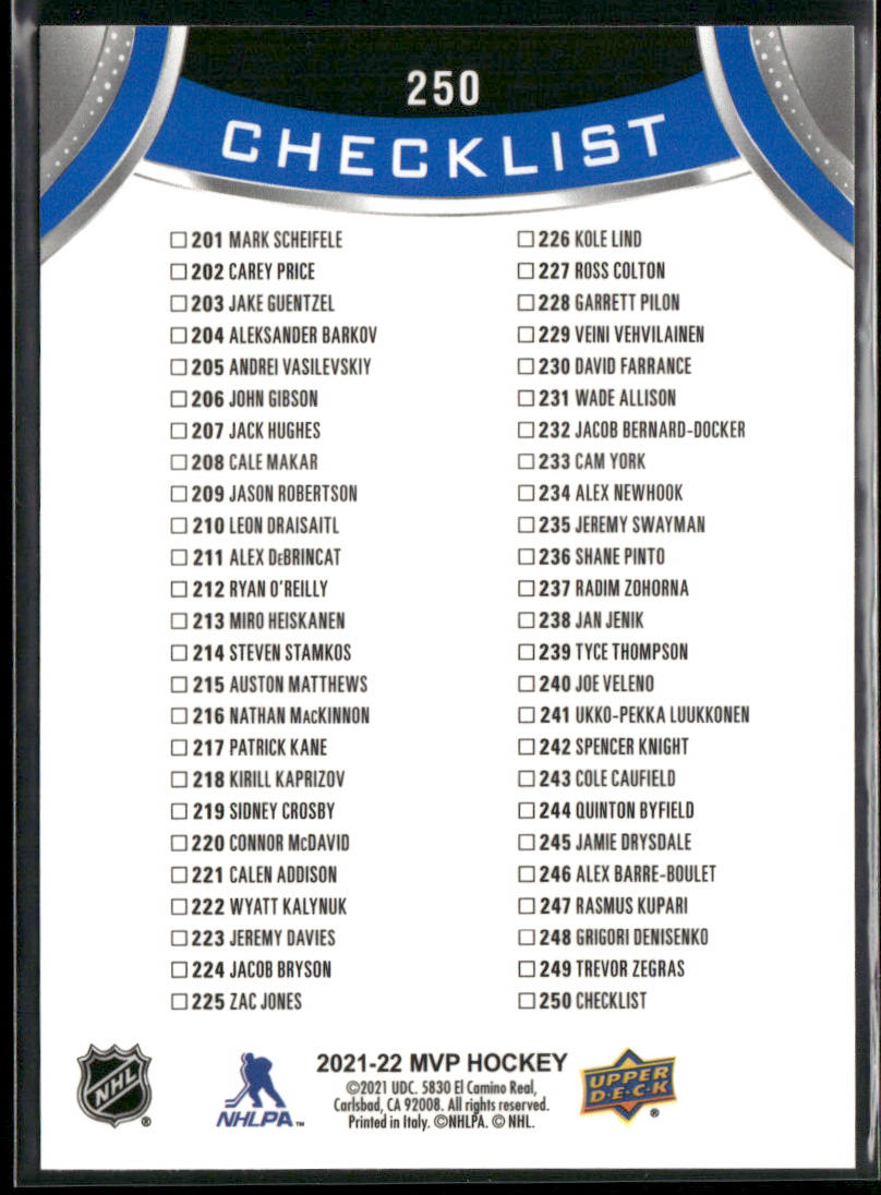 Trevor Zegras 2021-22 Upper Deck MVP Blue #250 Anaheim Ducks