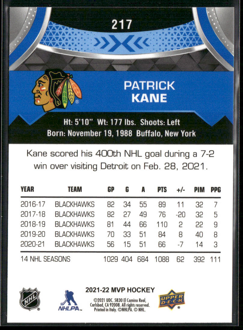 Patrick Kane 2021-22 Upper Deck MVP Blue #217 Chicago Blackhawks