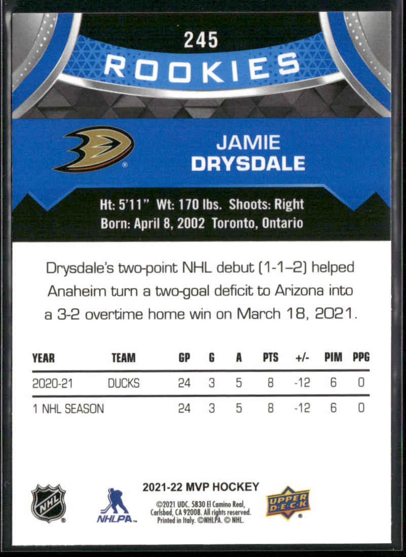 Jamie Drysdale 2021-22 Upper Deck MVP Blue #245 Anaheim Ducks