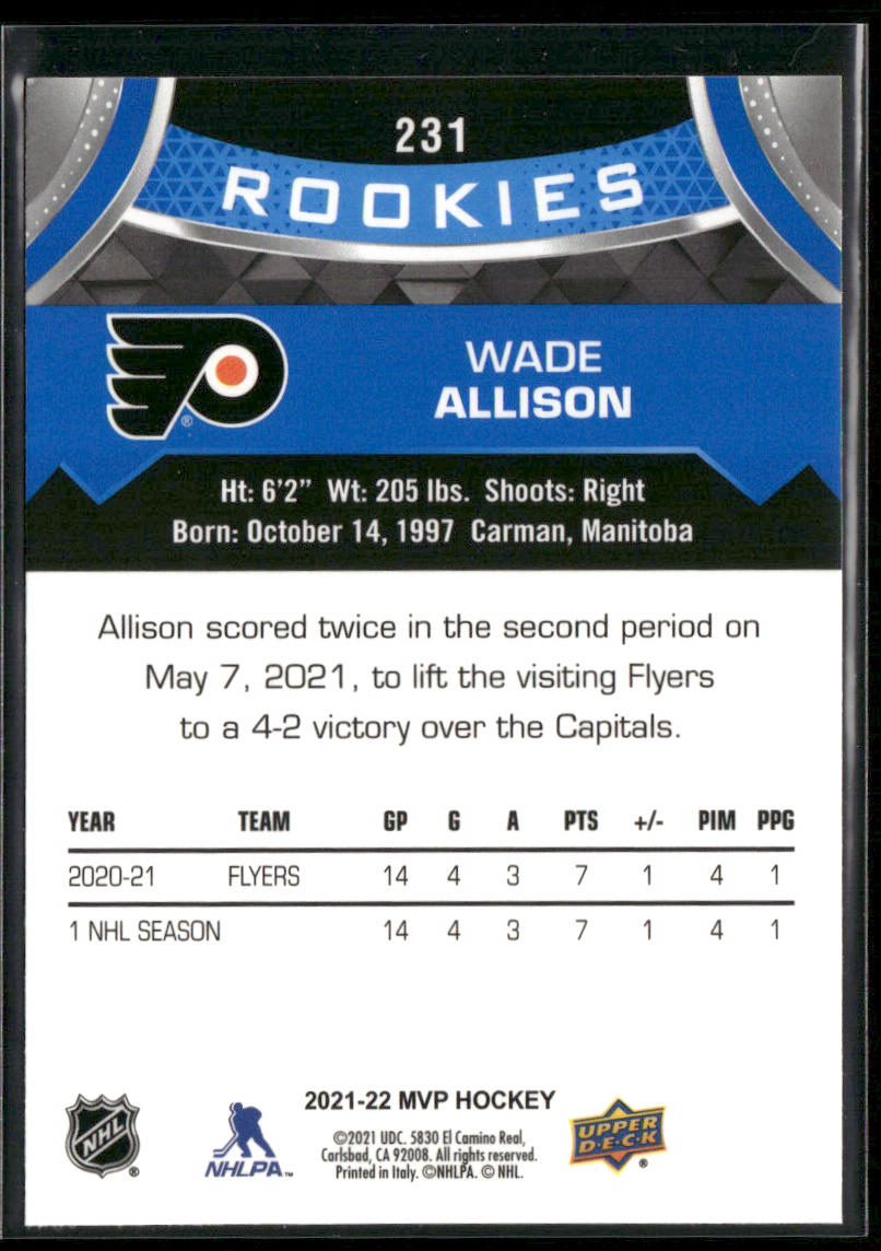 Wade Allison 2021-22 Upper Deck MVP Blue #231 Philadelphia Flyers