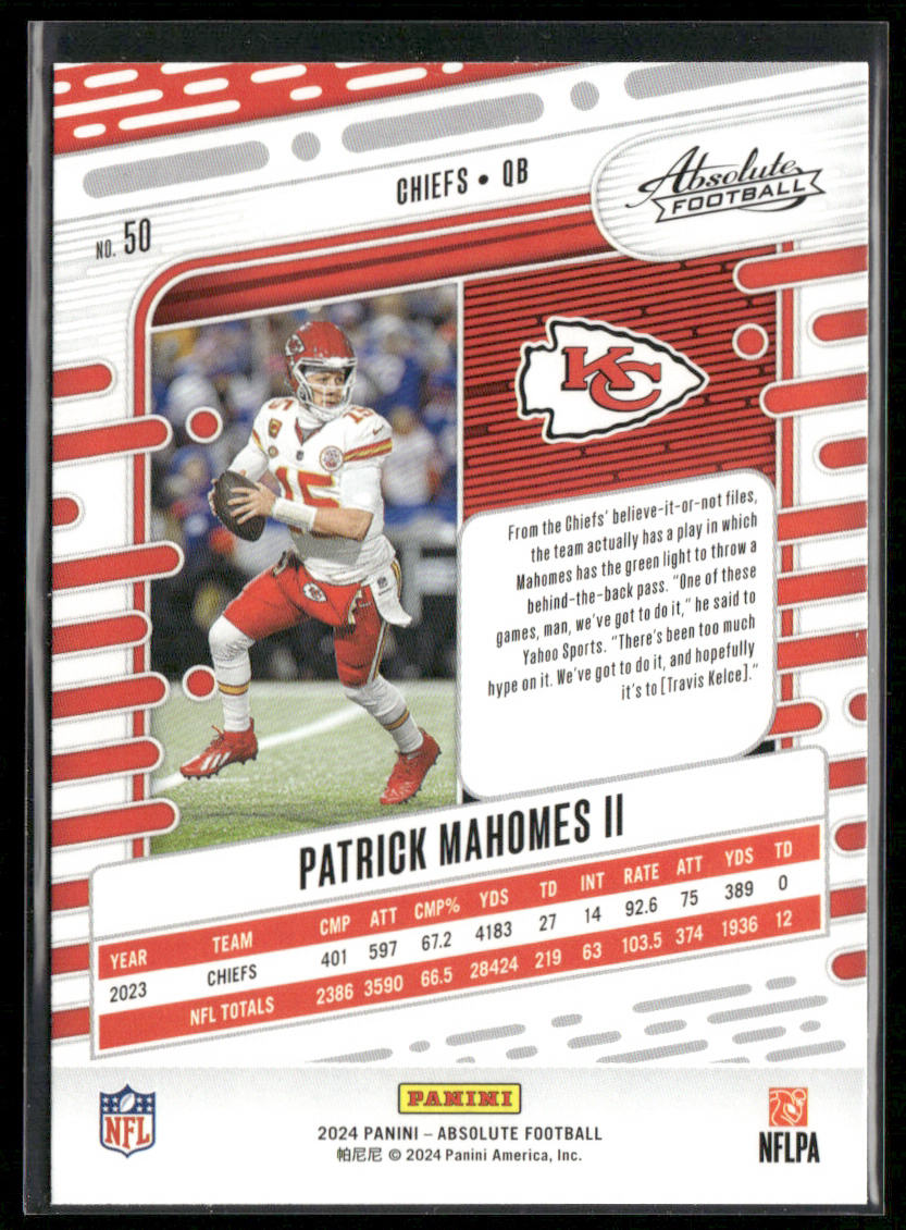 Patrick Mahomes II 2024 Panini Absolute Red and Blue #50 Kansas City Chiefs