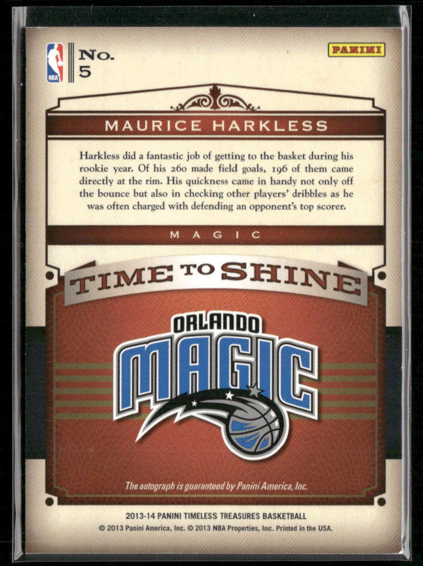 Maurice Harkless 2013-14 Panini Timeless Treasures Time To Shine #5 SN,AU Magic