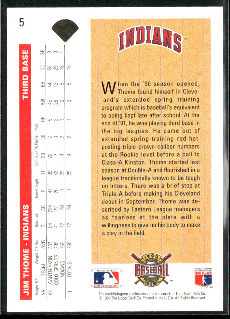 Jim Thome 1992 Upper Deck #5 Cleveland Indians back