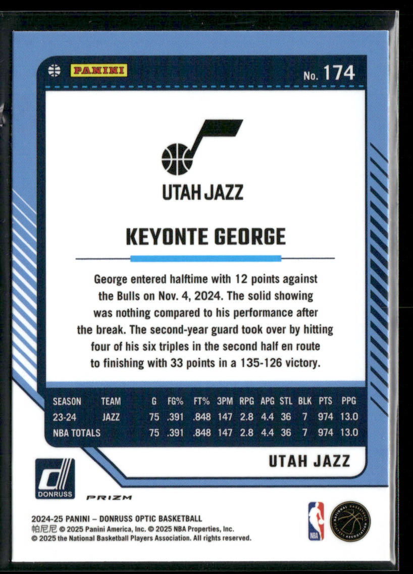 Keyonte George 2024-25 Donruss Optic Purple #174 Utah Jazz