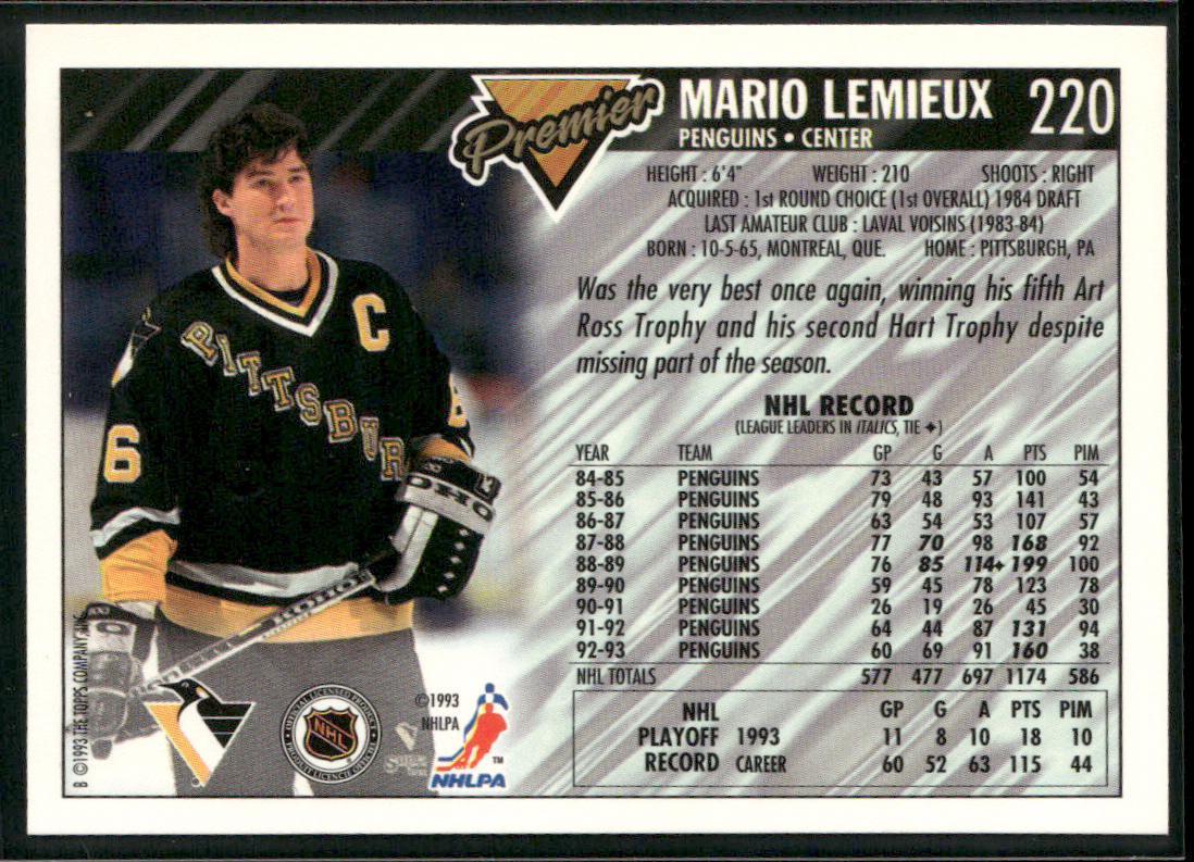 Mario Lemieux 1993-94 Topps Premier #220 Pittsburgh Penguins