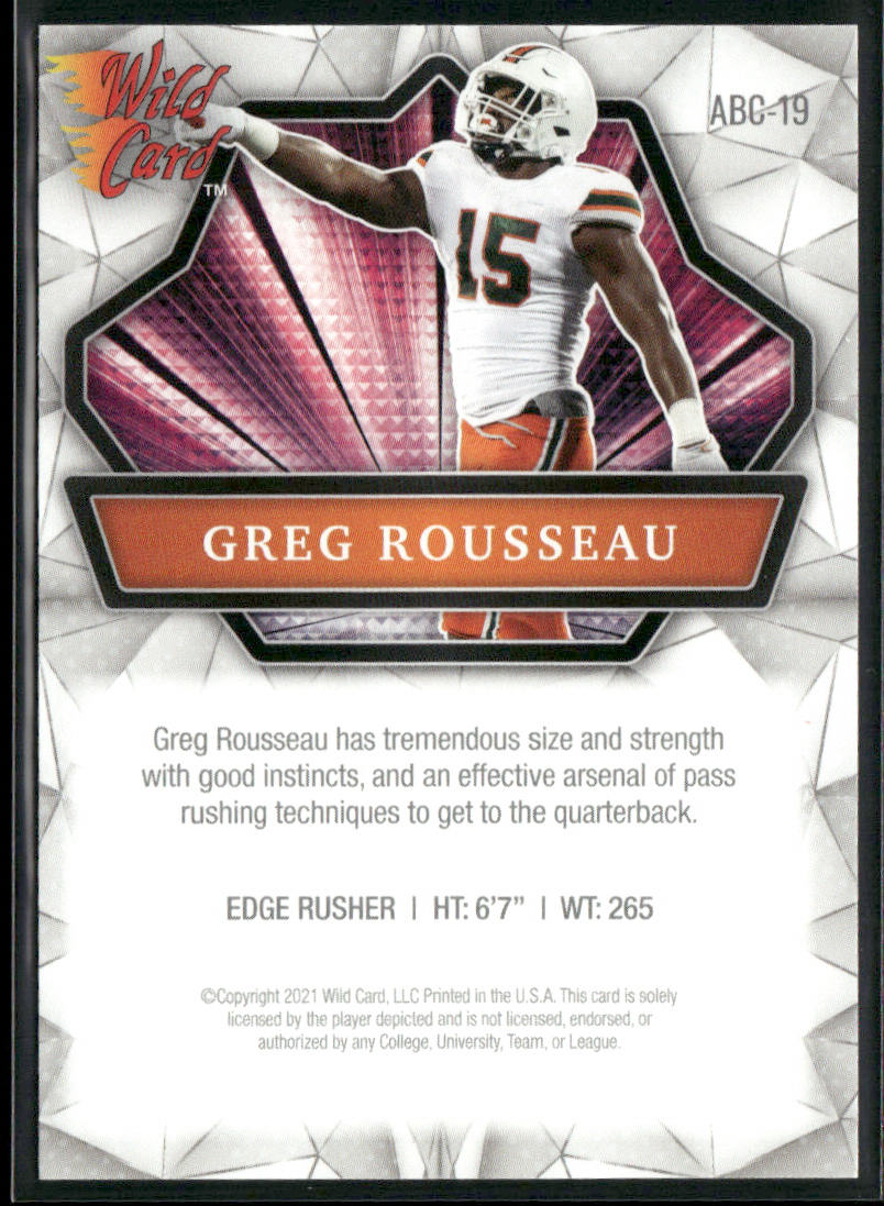 Gregory Rousseau 2021 Wild Card Alumination #ABC-19 Miami Hurricanes
