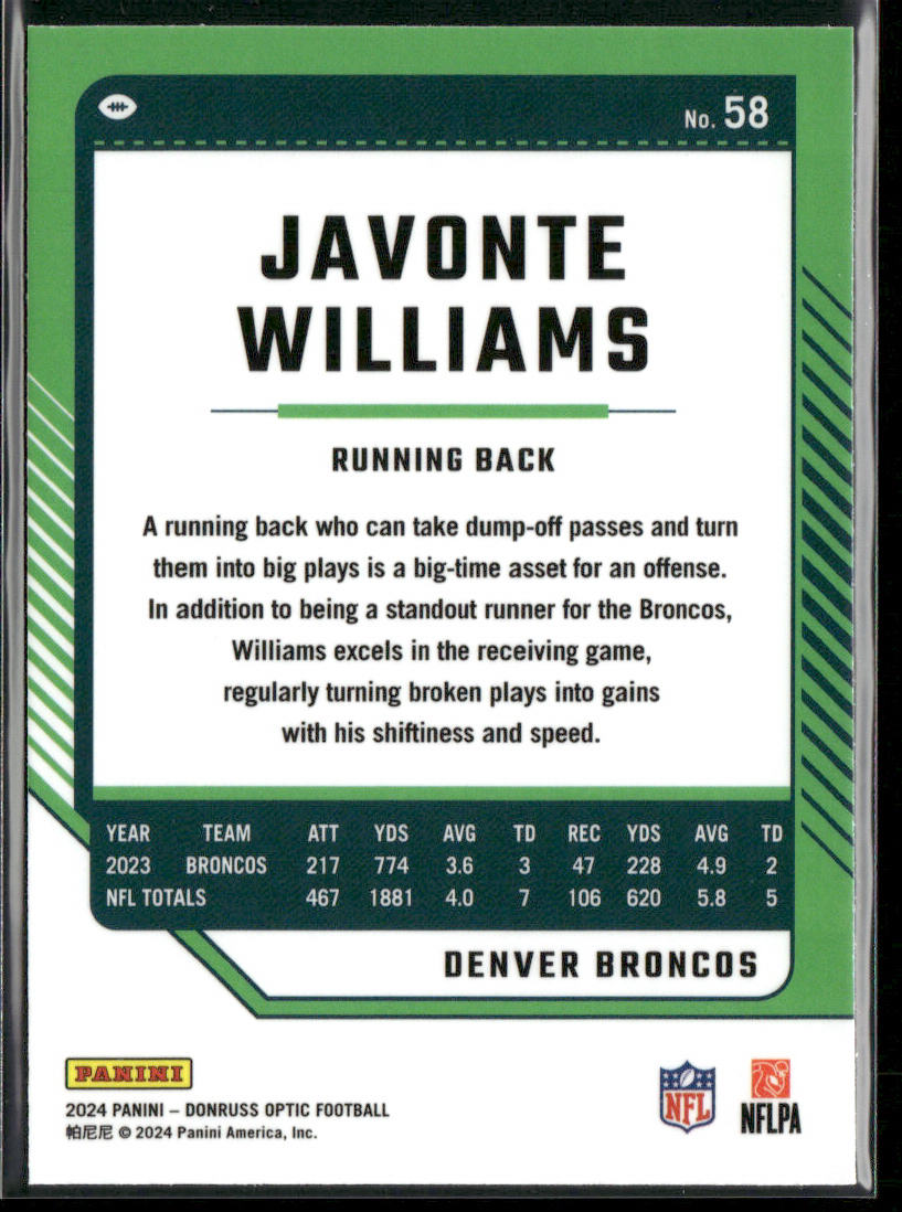 Javonte Williams 2024 Donruss Optic #58 Denver Broncos