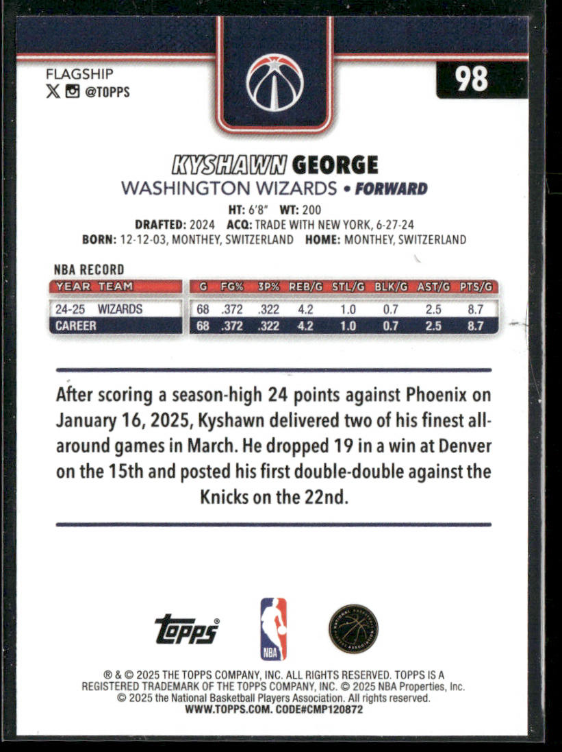 Kyshawn George 2025-26 Topps #98 Washington Wizards back