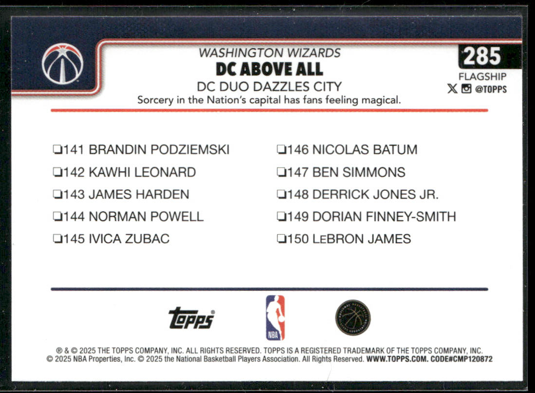 DC Above All: DC Duo Dazzles City 2025-26 Topps #285 Washington Wizards back