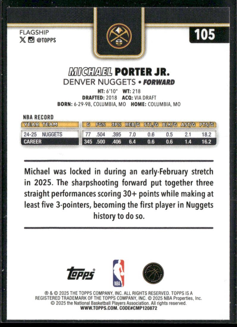Michael Porter Jr. 2025-26 Topps #105 Denver Nuggets back