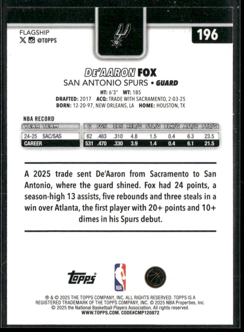 De'Aaron Fox 2025-26 Topps #196 San Antonio Spurs back