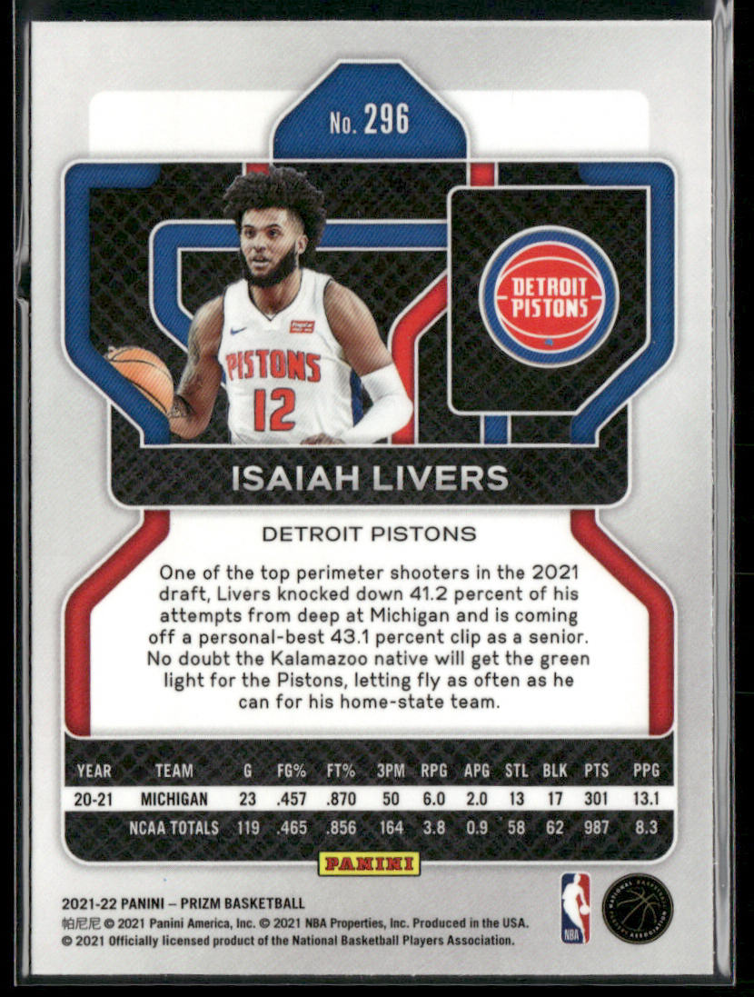Isaiah Livers 2021-22 Panini Prizm #296 RC Detroit Pistons back