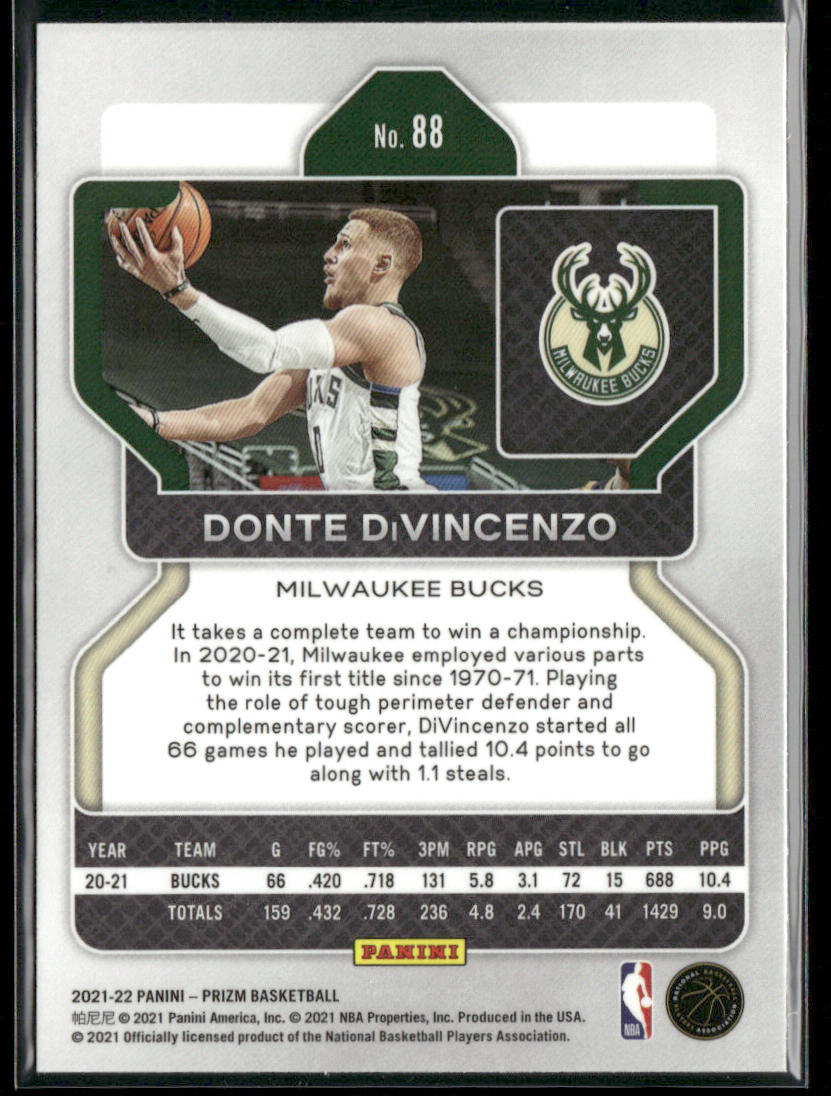 Donte DiVincenzo 2021-22 Panini Prizm #88 Milwaukee Bucks