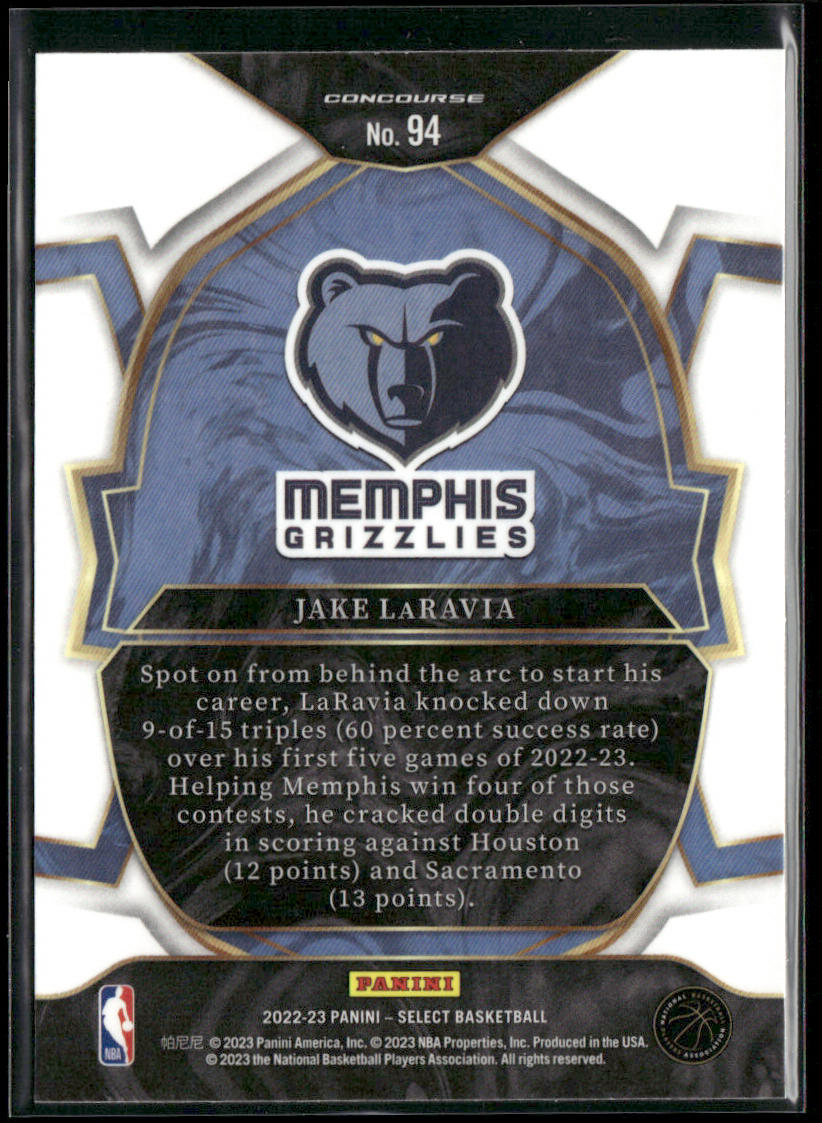 Jake LaRavia 2022-23 Panini Select Blue (Retail Base) #94 RC Memphis Grizzlies